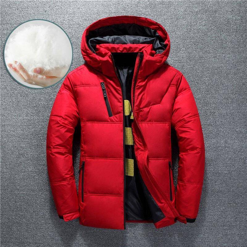 Outdooor Herren Daunenjacke, weiße Entendaunen, dick, warm, mit Kapuze, lässiger Mantel, abnehmbarer Hut, einfarbige Oberbekleidung 4XL rot von Joom DACH