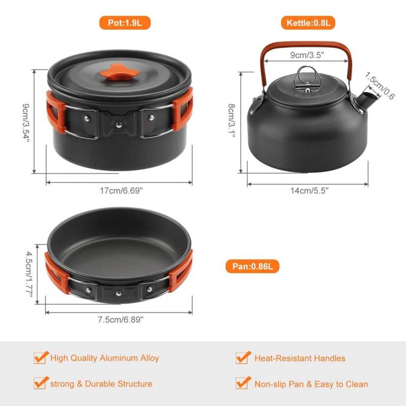 Outdoor Camping Kochgeschirr Kochset Topf Pfanne Wasserkocher Kochset Geschirr mit Herd Löffel Gabel Cutter orange von Joom DACH