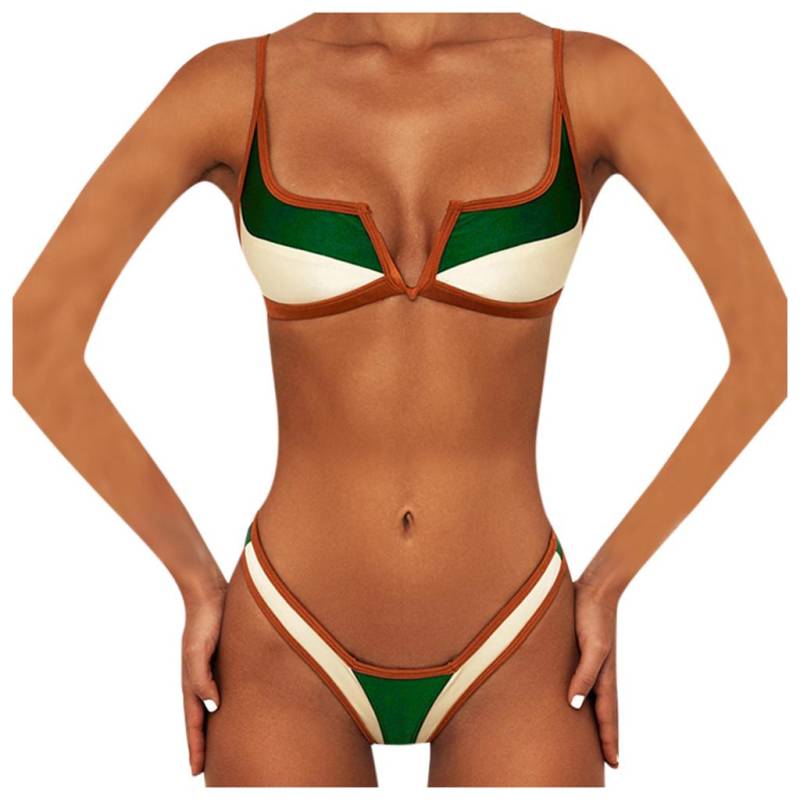 Outdoor-Frauen-Patchwork-Push-Up-Bandeau-Strand-Bikini-Set, zweiteilige Badeanzüge M grün von Joom DACH