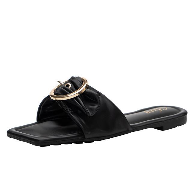 Outdoor-Hausschuhe Damen Flip-Flops Mode Gürtelschnalle Flache Ferse Einfarbig Quadratische Zehenpartie Damen Sommerschuhe Übergröße 37 schwarz von Joom DACH