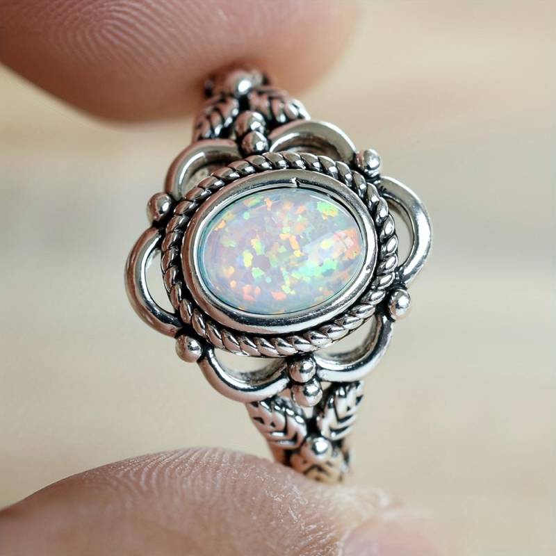 Ovaler Ring aus synthetischem Opal im Böhmischen Stil für Frauen, luxuriöser Ehering, Zubehör, Temperamentschmuck 10 weiß/silber von Joom DACH