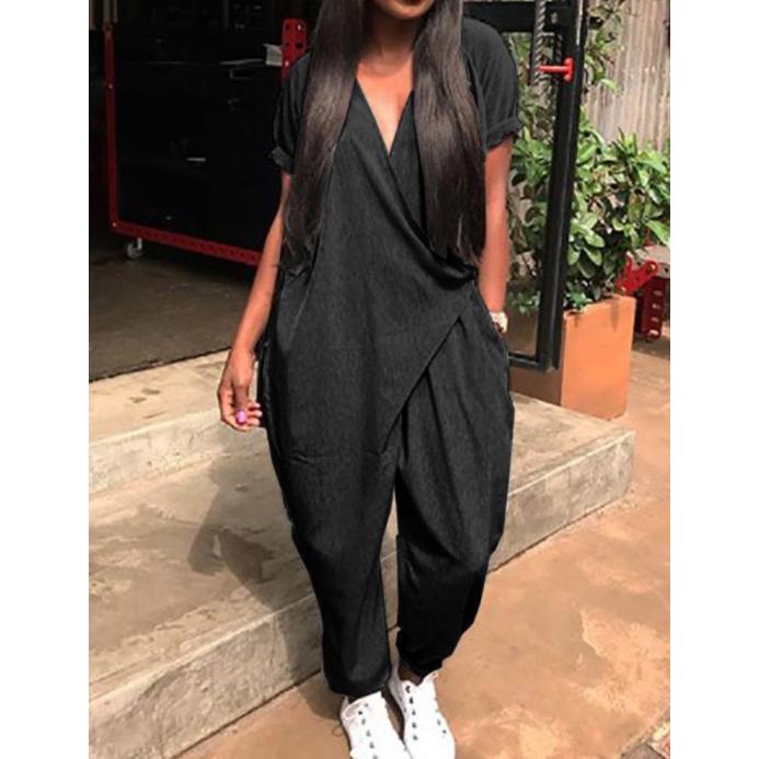 Overall Frauen Kurzarm V-ausschnitt Button-Down Harem Strampler Overalls Pantalon XL schwarz von Joom DACH