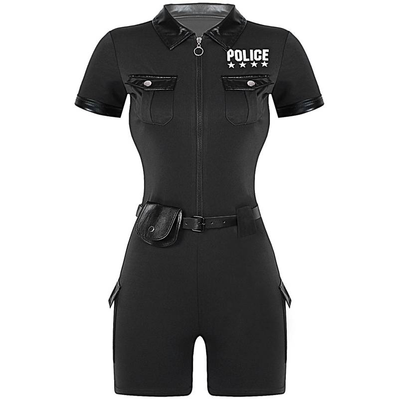Overall für Damen-Polizistenkostüm mit Reißverschluss vorne und Gürtel in der Taille für Rollenspiele oder Verkleidungspartys XL schwarz von Joom DACH