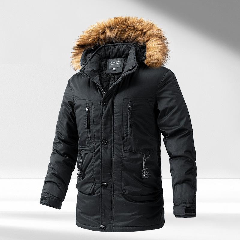 Overalls Mantel Winter Herren Plus Fleece Verdickter Kapuzenmantel Langer Baumwollgefütterter Mantel Japanischer und Südkoreanischer Baumwollgefütterter Mantel für mittleres und älteres Alter 2XL von Joom DACH