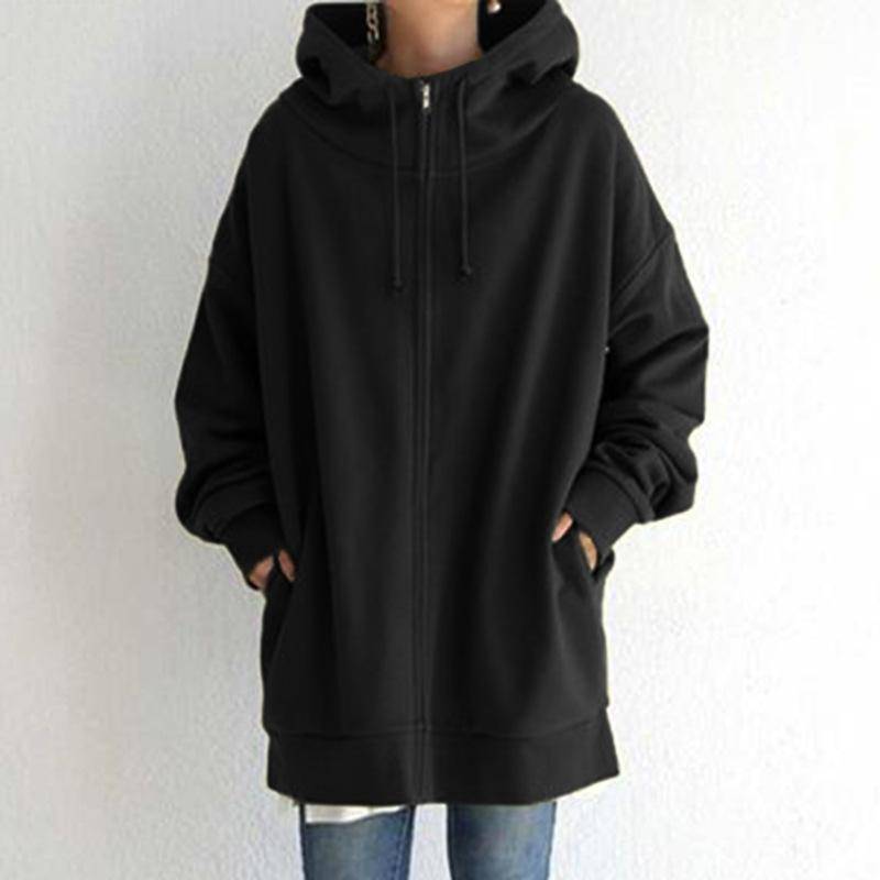 Oversize Frauen Sweatshirts Hoodies Winter Zipper Lange Tasche Jacken Mantel Hoody Damen Mit Kapuze Streetwear Harajuku Fleece Outwear XXXL schwarz von Joom DACH