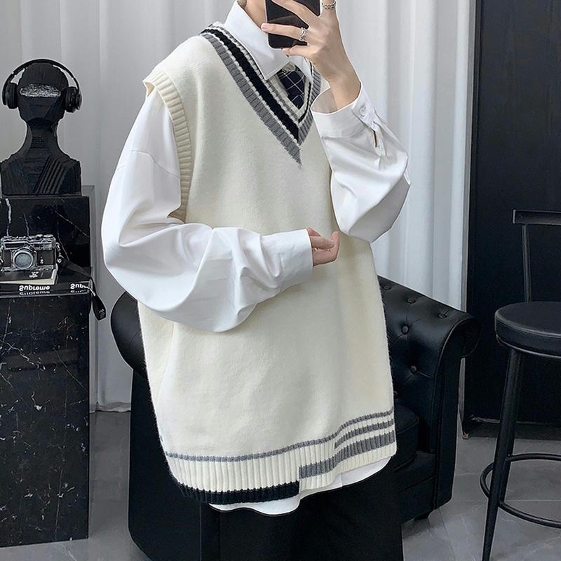 Oversize Pullover Westen Männer Strickwaren Freizeit Homme Ärmellose Pullover Alle-spiel Weste XL weiß von Joom DACH