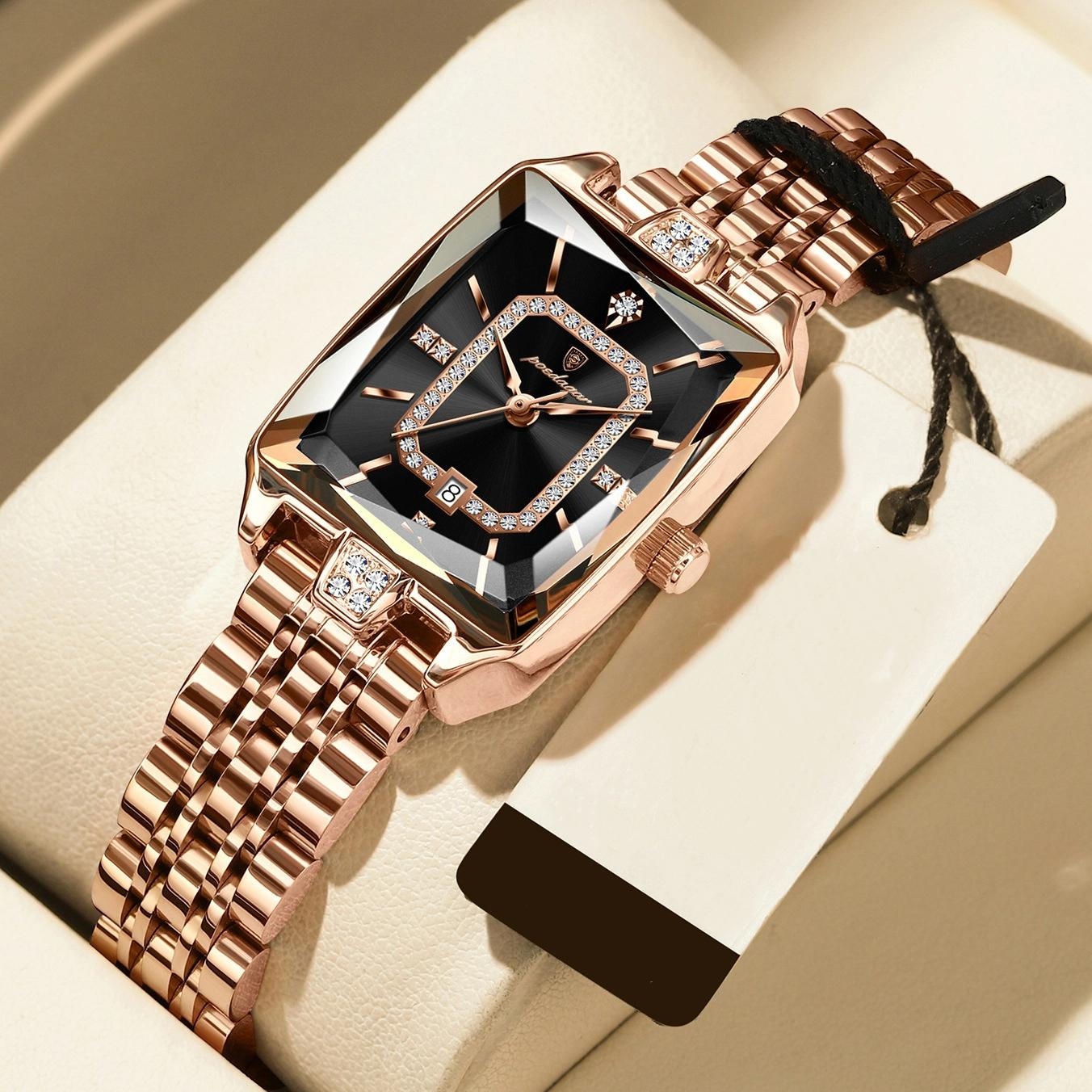POEDAGAR Luxuriöse Elegante Uhr für Damen Datum Wasserdicht Rechteck Damenuhr Edelstahl Quarz Damenuhren rose gold/schwarz von Joom DACH