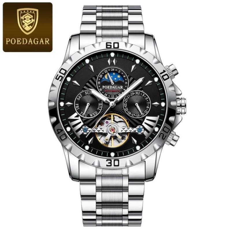 POEDAGAR Luxus Hohl Tourbillon Uhr Für Männer Wasserdicht Leuchtende Datum Woche Edelstahl Automatische Mechanische Uhren silber von Joom DACH