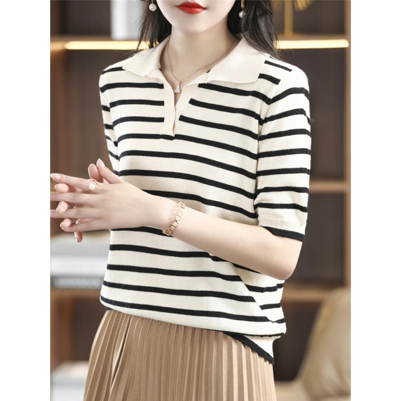 POLO Kragen Baumwolle Kurzarm T-Shirt für Damen Im Sommer Neu Locker Slim Pullover Süßer Stil Kurz Modisches Oberteil M beige von Joom DACH