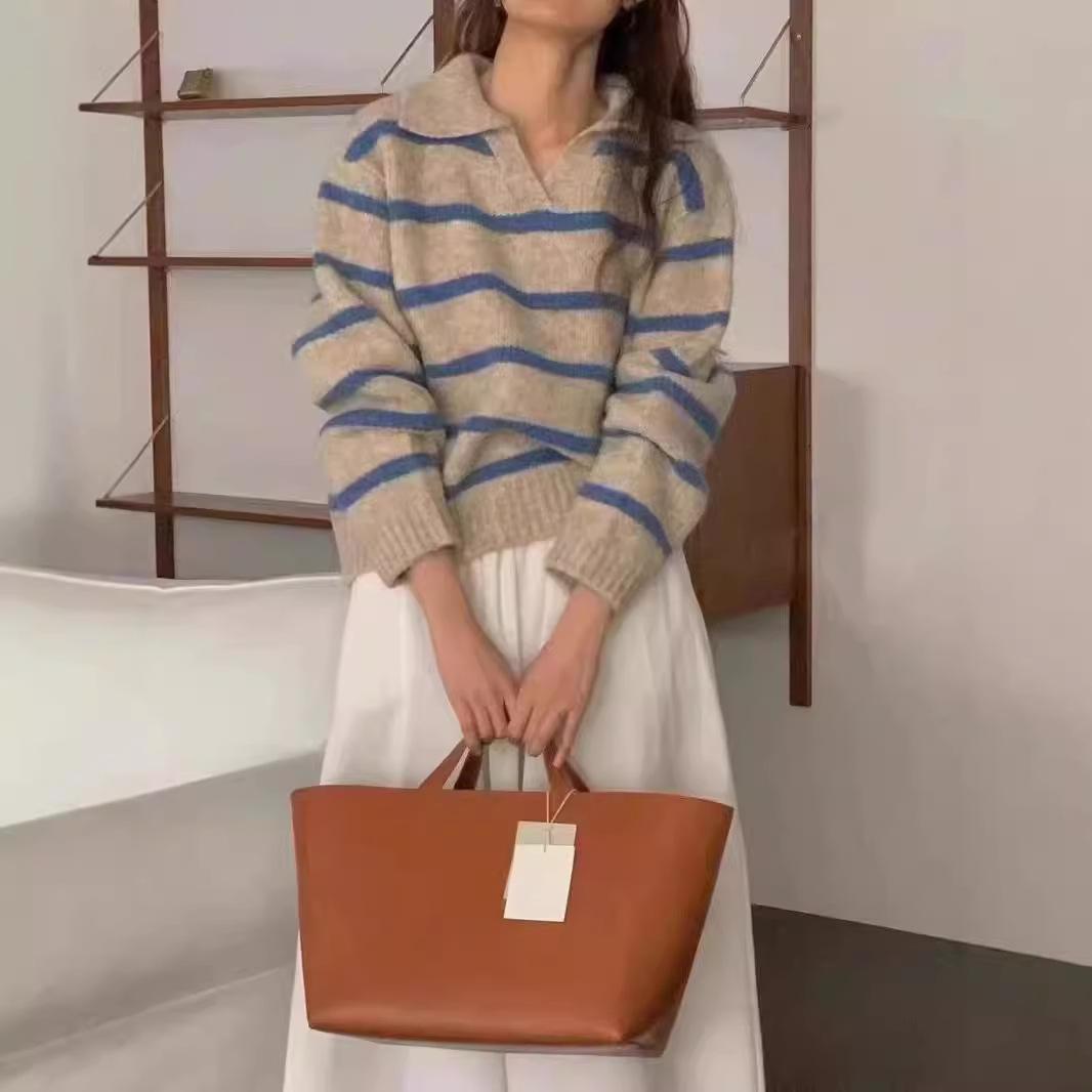 POLO Kragen Kollision Gestreifter Pullover Damen Herbst und Winter Modedesign Sinn Pullover Langärmliger Strickpullover Tops Onesize blau von Joom DACH