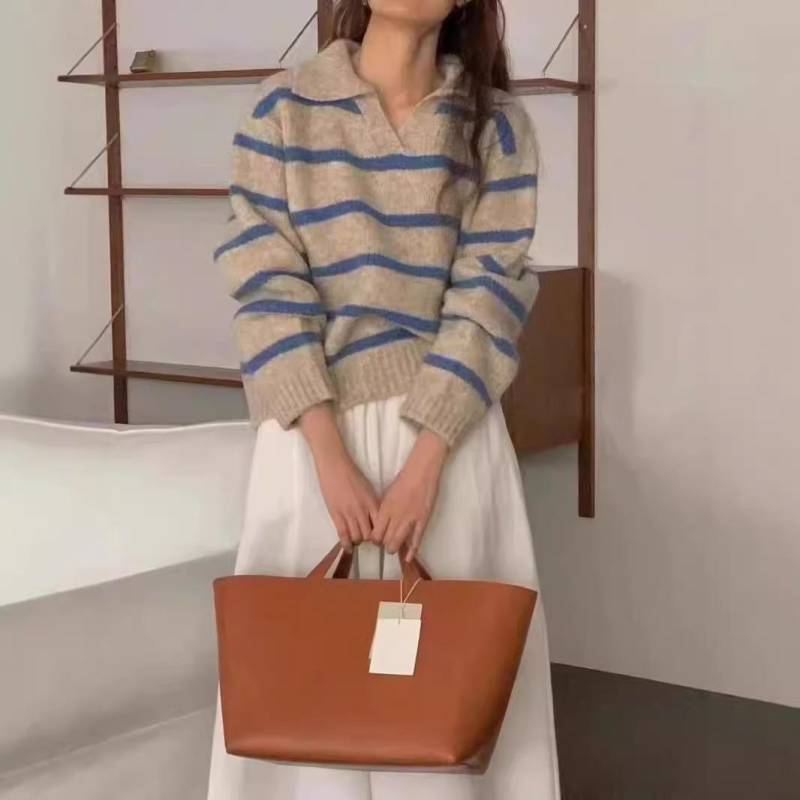 POLO Kragen Kollision Gestreifter Pullover Damen Herbst und Winter Modedesign Sinn Pullover Langärmliger Strickpullover Tops Onesize blau von Joom DACH