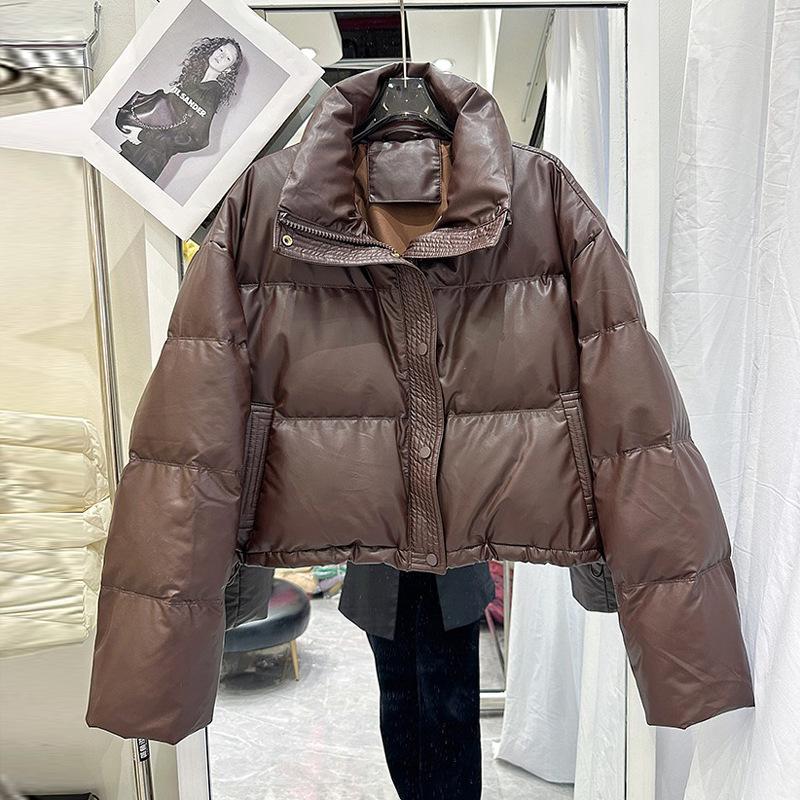 PU-Leder Daunen Baumwollmantel Damen Kurz Baumwollmantel Brotmantel Kleine Person Wattierte Jacke XL braun von Joom DACH