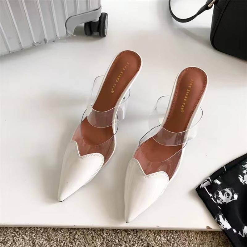 PVC Damen Pantoletten Spitzschuh Slipper Patchwork Herzen Lackleder Elegant Dünner Hoher Absatz Damen Pumps 38 weiß von Joom DACH