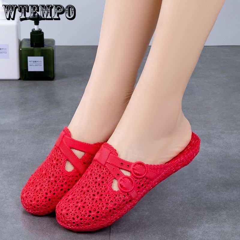 PVC-Slides Damen-Oberbekleidung, löchrige Schuhe, Sommer-Sandalen mit weicher Sohle, dicker Sohle, für das Badezimmer zu Hause, Slipper mit hohlen, umwickelten Zehen, Flip-Flops für den Strand im Freien 37 rot von Joom DACH