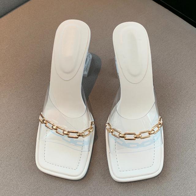 PVC Transparent Schuhe Frauen Hausschuhe Sommer Outdoor-Mode Offene Spitze Kette Sandalen Klar Plexiglas High Heels Pantoletten Slides 35 -39 39 weiß von Joom DACH