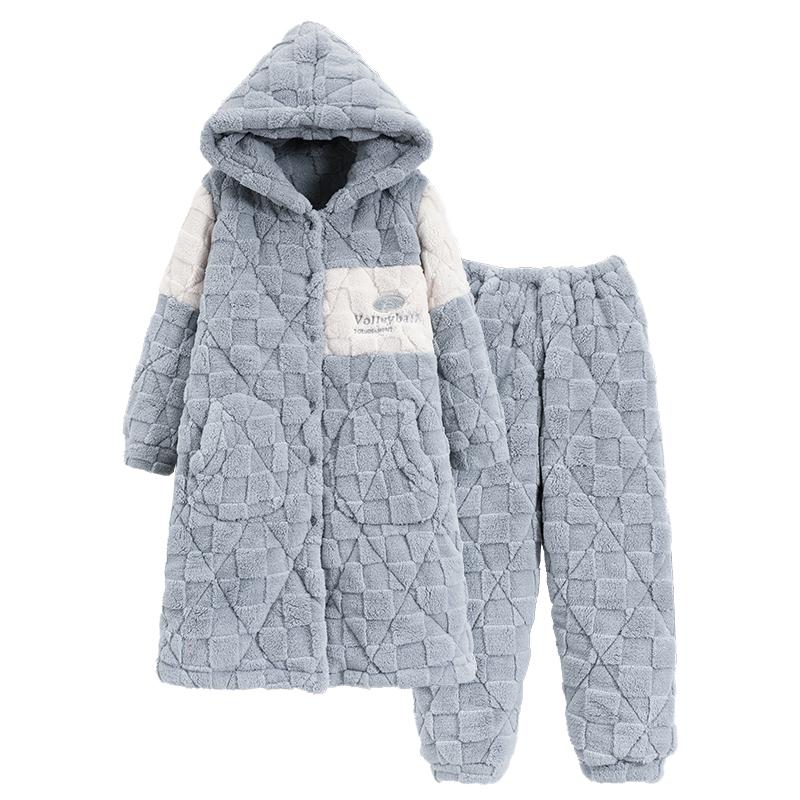 Paar Bademantel Winter 3-lagig Clip Baumwolle lässig langer Bademantel + Hose mit Kapuze Home Kleidung dick warm Männer und Frauen Pyjamas 3XL von Joom DACH