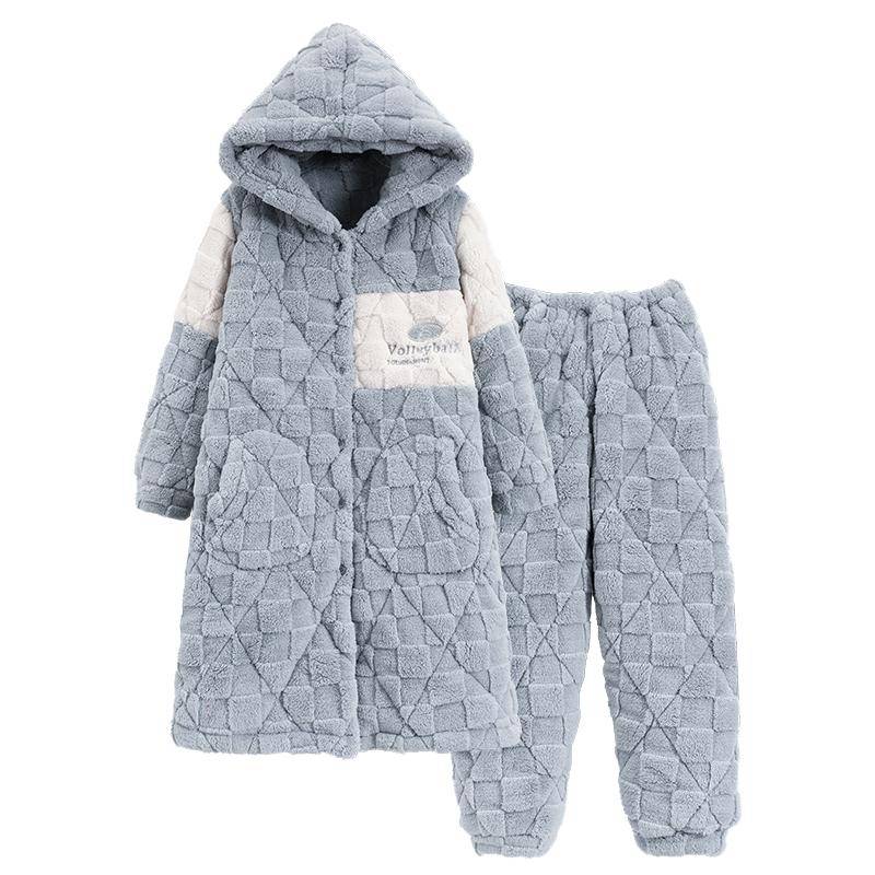 Paar Bademantel Winter 3-lagig Clip Baumwolle lässig langer Bademantel + Hose mit Kapuze Home Kleidung dick warm Männer und Frauen Pyjamas 3XL von Joom DACH