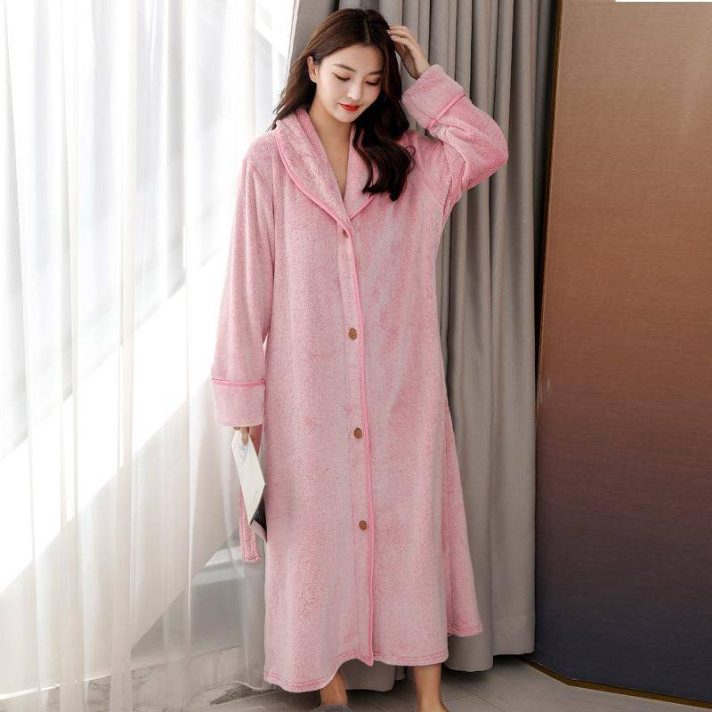Paar Knopf Revers Nachthemd Frauen verdickte lange Robe Korallen Fleece Bademantel Männer große Nachtwäsche Herbst Winter Flanell Homewear M von Joom DACH