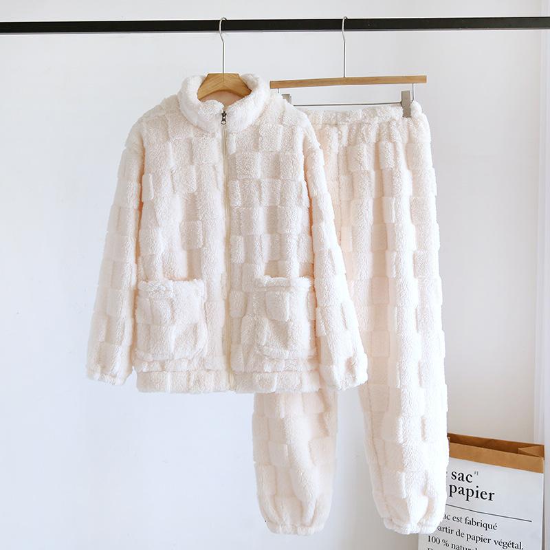 Paar Winter Flanell Pyjama Set Herren und Damen Korallenplüsch Dick Einfarbig Langarm Hose Hausanzug Zweiteiliges Set XL von Joom DACH