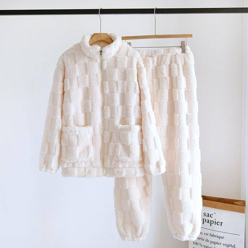 Paar Winter Flanell Pyjama Set Herren und Damen Korallenplüsch Dick Einfarbig Langarm Hose Hausanzug Zweiteiliges Set XL von Joom DACH