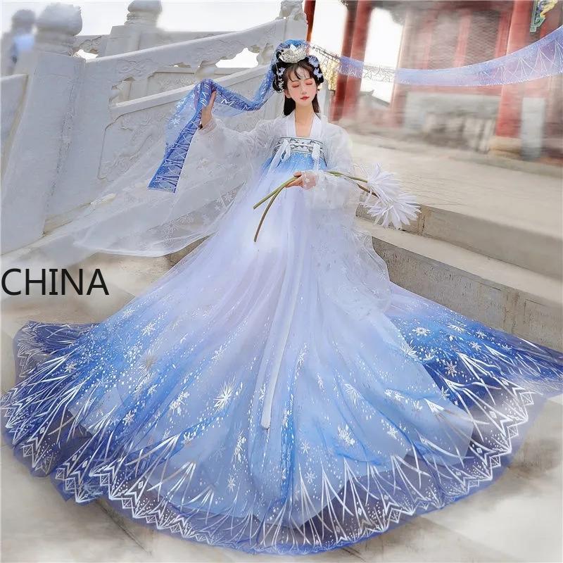 Pailletten Farbverlauf schimmernde Frauen Hanfu traditionelle chinesische Kleid Abschlussball formale Geburtstag Weihnachtsgeschenk XL weiß/blau von Joom DACH