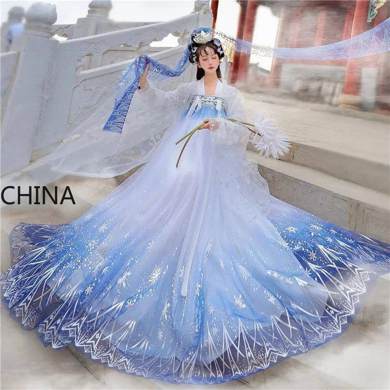 Pailletten Farbverlauf schimmernde Frauen Hanfu traditionelle chinesische Kleid Abschlussball formale Geburtstag Weihnachtsgeschenk XL weiß/blau von Joom DACH
