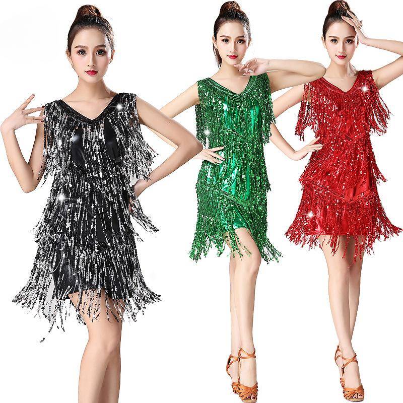 Paillettenrock Quaste Lateintanzrock Erwachsene Doppel V Lateintanzkleid Damen Tanzperformance Kostüm XXL schwarz weiße von Joom DACH
