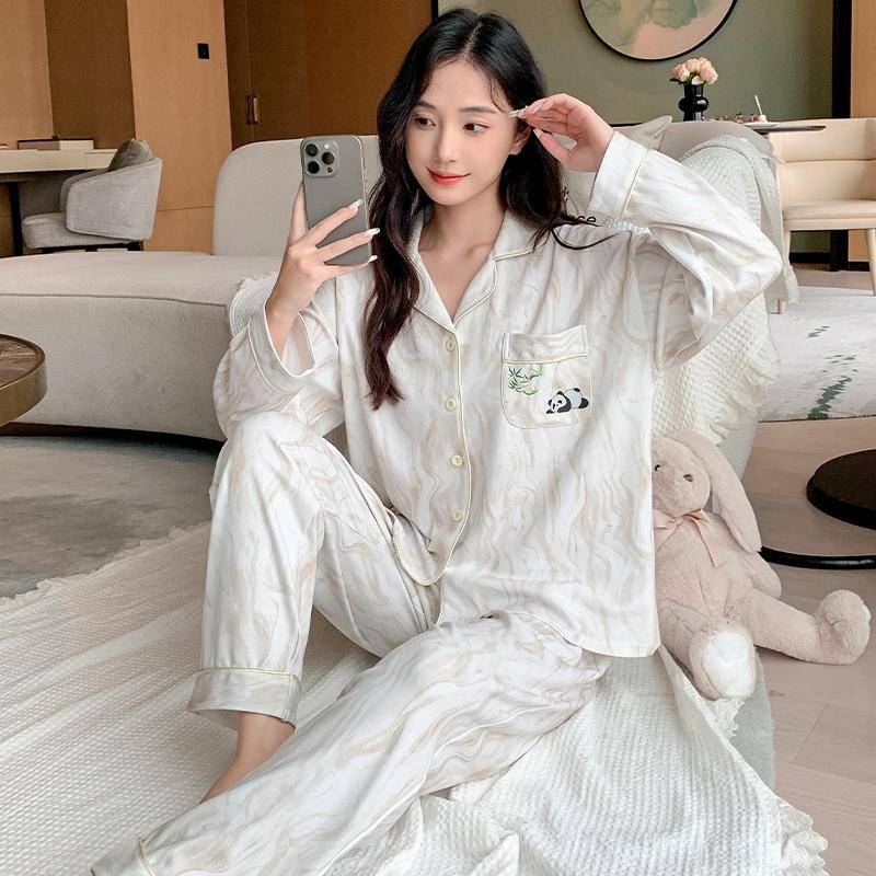 Panda Damen Pyjama Niedliche Nachtwäsche Herbst Winter Langärmlig Lange Hose Kawaii Pyjama Gemütlicher Pijama Weicher Pyjama Mädchen Pijama 3XL von Joom DACH