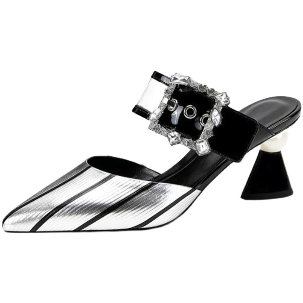 Pantoletten aus echtem Leder mit geschlossener Spitze für Damen, modische Pantoffeln mit hohen Absätzen, Frühlings-/Sommerschuhe, spitze Zehenpartie, Silber, Direktversand 35 silber von Joom DACH