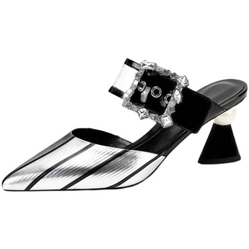 Pantoletten aus echtem Leder mit geschlossener Spitze für Damen, modische Pantoffeln mit hohen Absätzen, Frühlings-/Sommerschuhe, spitze Zehenpartie, Silber, Direktversand 35 silber von Joom DACH