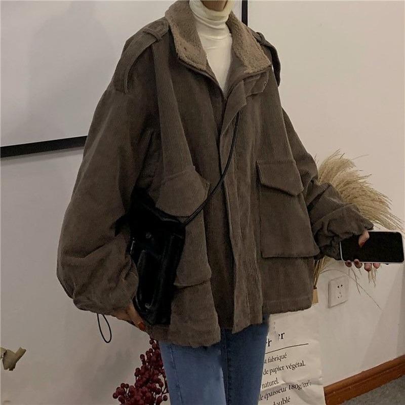 Parkas Frauen Chic Patchwork Cord Vintage Dicke Lose Winter Warme Weibliche Outwear Neueste Mode Tasche Damen Alle-spiel M braun von Joom DACH