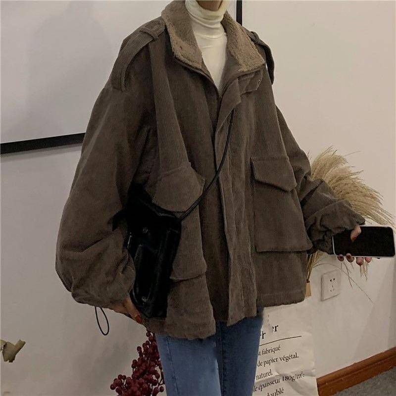 Parkas Frauen Chic Patchwork Cord Vintage Dicke Lose Winter Warme Weibliche Outwear Neueste Mode Tasche Damen Alle-spiel M braun von Joom DACH