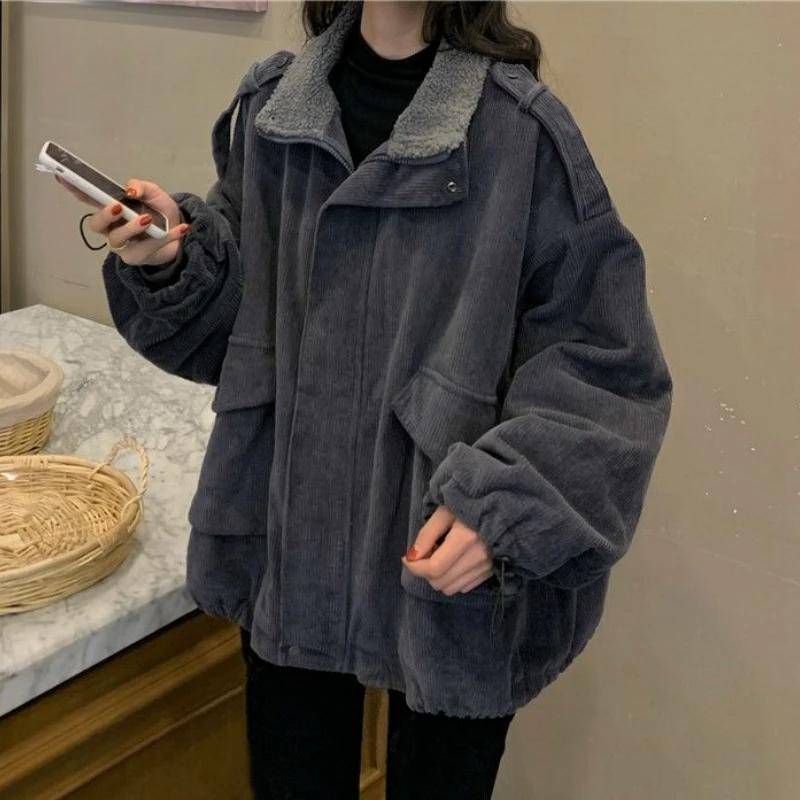 Parkas Frauen Chic Patchwork Cord Vintage Dicke Lose Winter Warme Weibliche Outwear Neueste Mode Tasche Damen Alle-spiel XXL grau von Joom DACH