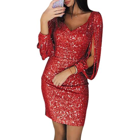 Party Damen Glitzer V-Ausschnitt Ausgeschnitten Quaste Langarm Bodycon Mini Kleid Abendkleid S von Joom DACH