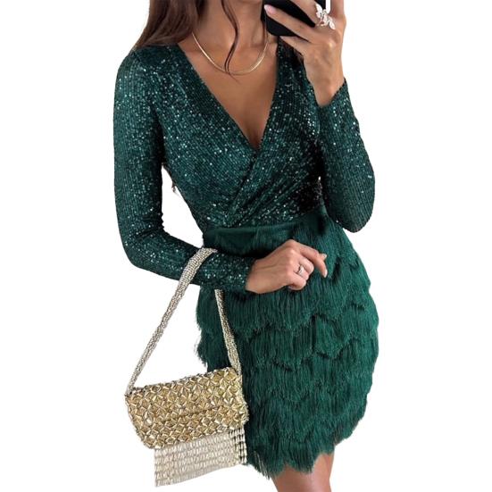 Partykleid für Damen mit glitzernden Pailletten, langen Ärmeln, tiefem V-Ausschnitt, Korsett-Minikleid, Herbst/Winter, Cocktail-Galakleid für Party, Abschlussball, Nachtclub L grün von Joom DACH