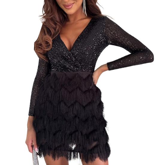 Partykleid für Damen mit glitzernden Pailletten, langen Ärmeln, tiefem V-Ausschnitt, Korsett-Minikleid, Herbst/Winter, Cocktail-Galakleid für Party, Abschlussball, Nachtclub S schwarz von Joom DACH