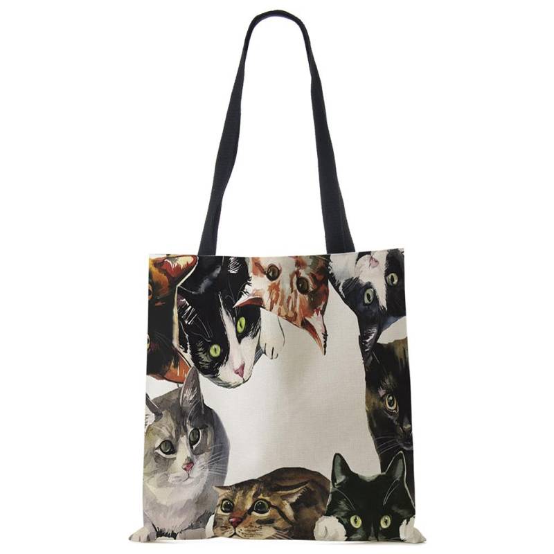 Passen Sie den niedlichen Aquarell-Katzenmalerei-Druck an. Designer-Tragetaschen für Damen aus Stoff, umweltfreundlich, wiederverwendbare Shopper-Umhängetaschen, Schulbuchtasche von Joom DACH