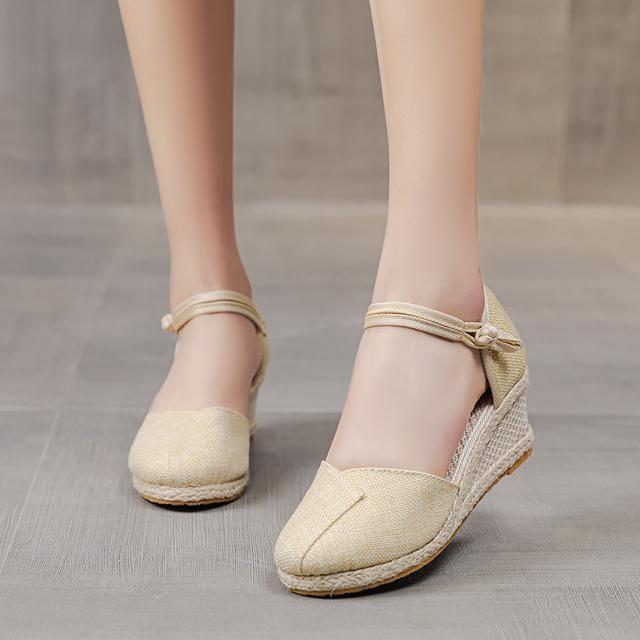 Patchwork Frauen Leinen Keil Espadrilles Sandalen 6cm High Heel Sommer Elegante Dame Close Toe Schuhe Schwarz Rot Weiß Beige 38 beige von Joom DACH