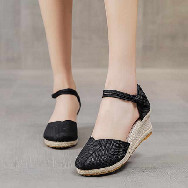 Patchwork Frauen Leinen Keil Espadrilles Sandalen 6cm High Heel Sommer Elegante Dame Close Toe Schuhe Schwarz Rot Weiß Beige 42 schwarz von Joom DACH