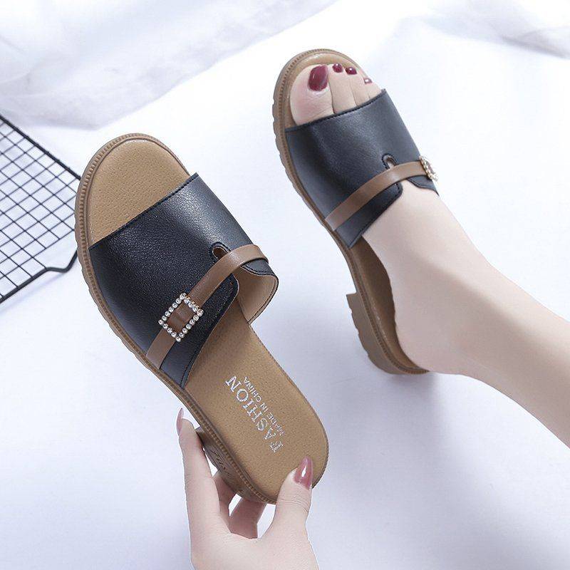 Peep-Toe-Hausschuhe für Damen, draußen, Frühling und Sommer, koreanische Version, grober Absatz, niedriger Absatz, Damen-Hausschuhe, lässig 40 schwarz von Joom DACH