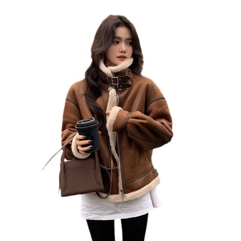 Pelz Einteiliger Lammwollmantel Damen Wildleder Vintage Motorradjacke Pelzmantel L von Joom DACH