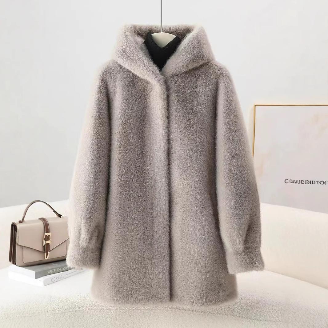 Pelz Einteiliger Pelzmantel für Frauen Imitation Nerz Kapuze Junge Mittellange Mantel L grau von Joom DACH