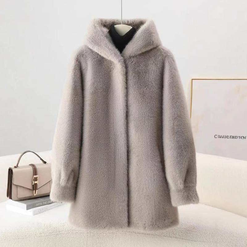 Pelz Einteiliger Pelzmantel für Frauen Imitation Nerz Kapuze Junge Mittellange Mantel L grau von Joom DACH