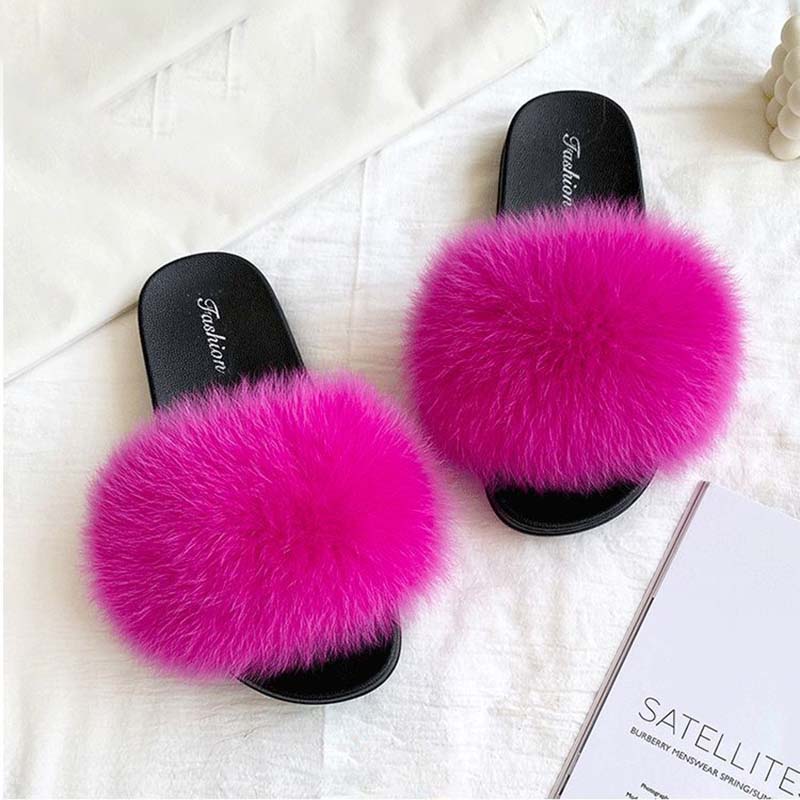 Pelzige Hausschuhe für Frauen im gleichen Stil in der Sommermode, echte Fuchsfell-Hausschuhe in Übergröße, Damen-Sandalen 36/37 von Joom DACH
