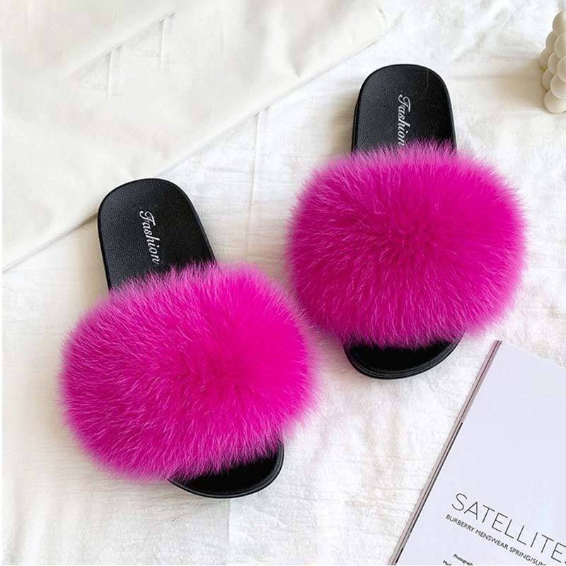 Pelzige Hausschuhe für Frauen im gleichen Stil in der Sommermode, echte Fuchsfell-Hausschuhe in Übergröße, Damen-Sandalen 36/37 von Joom DACH