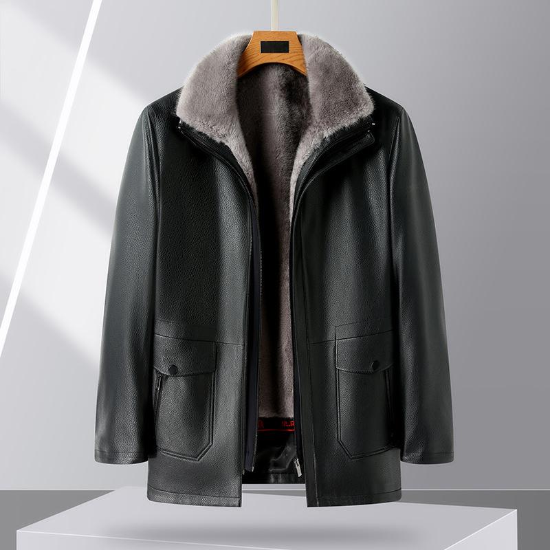 Pelzintegrierte Schaffell Herren Papa Echte Lederjacke Herren Mittellang Plus Fleece Lederjacke 4XL von Joom DACH