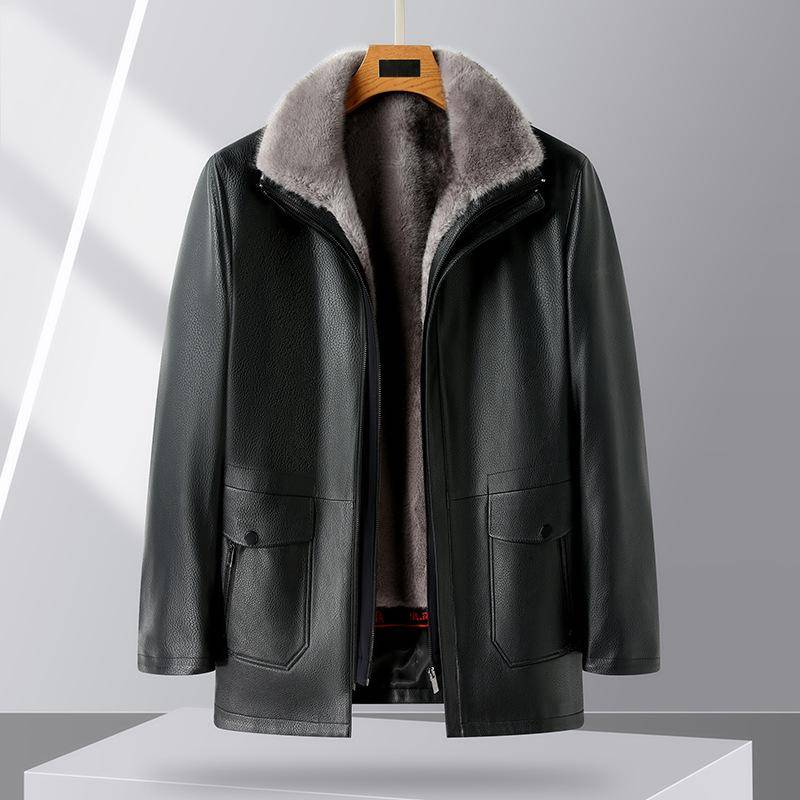 Pelzintegrierte Schaffell Herren Papa Echte Lederjacke Herren Mittellang Plus Fleece Lederjacke 4XL von Joom DACH