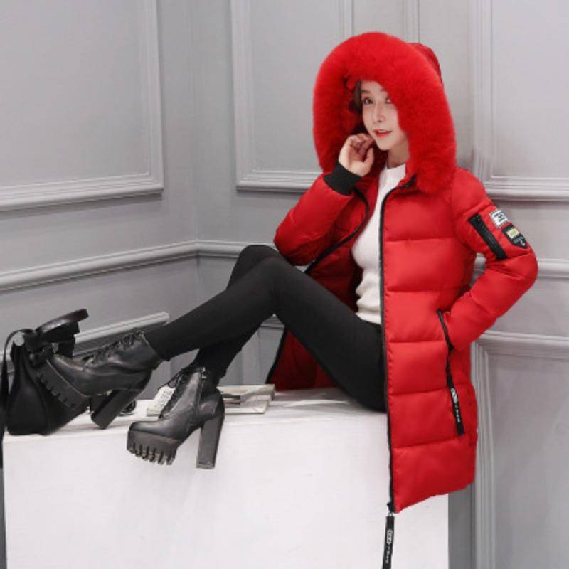 Pelzkragen Daunenjacke mit Baumwollpolsterung Damen Winter Schlanke mittellange modische Jacke mit Baumwollpolsterung XXL rot von Joom DACH