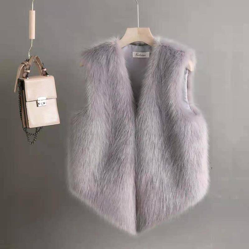 Pelzweste Frauen Kurze Oberbekleidung Herbst Winter Nachahmung Kaninchenfell Weste Weibliche Mode Warme Plüsch Weste Damen Jacke XXL grau von Joom DACH