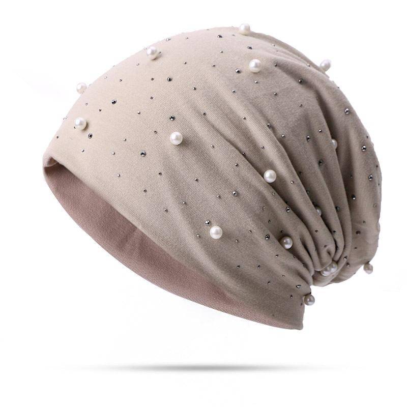 Perle Strass Frauen Beanie Hüte Herbst Winter Warme Weiche Baumwolle Skullies Caps Casual Außerhalb Turban Weibliche Damen Hearwear beige von Joom DACH